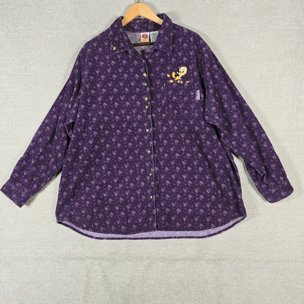 Looney Tunes Tweety Bird Purple Corduroy Floral Shirt Womens 22W/24W Vintage 90s